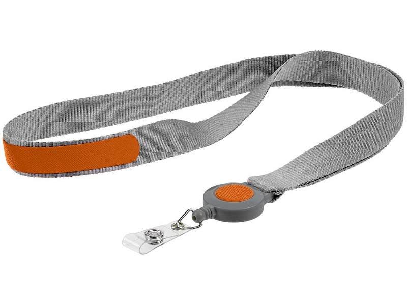 Лента для бейджа с ретрактором Devon, серая с оранжевым