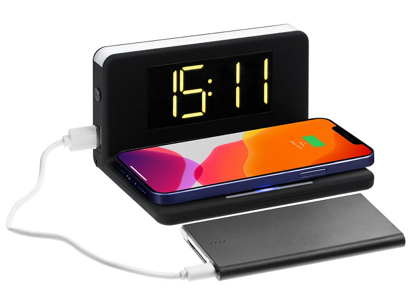 Часы настольные с беспроводным зарядным устройством Pitstop, черные