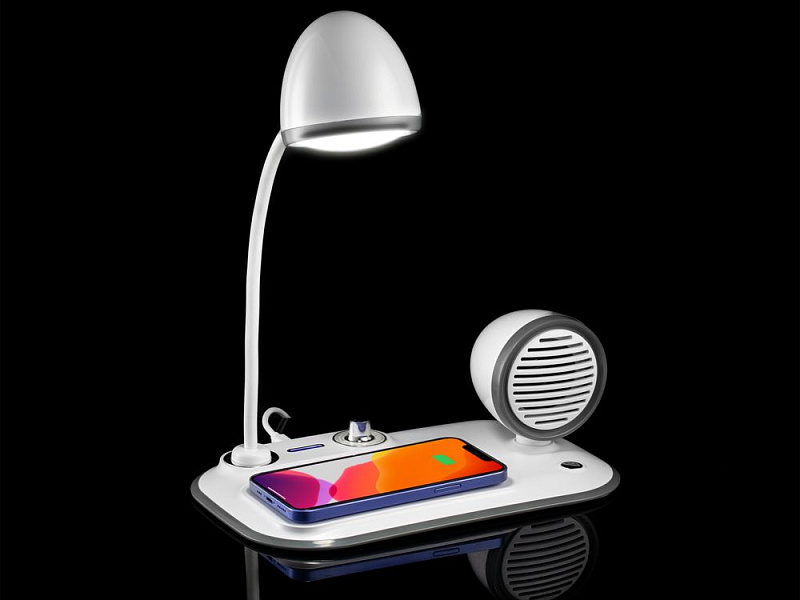 Лампа с колонкой и беспроводной зарядкой Flashback, белая