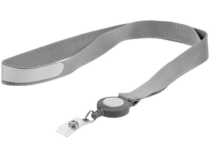 Лента для бейджа с ретрактором Devon, серая с белым