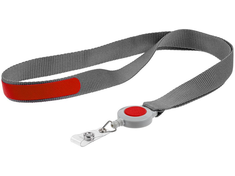 Лента для бейджа с ретрактором Devon, серая с красным