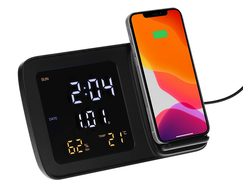 Станция беспроводной зарядки с часами и календарем и подсветкой логотипа Novem, черная