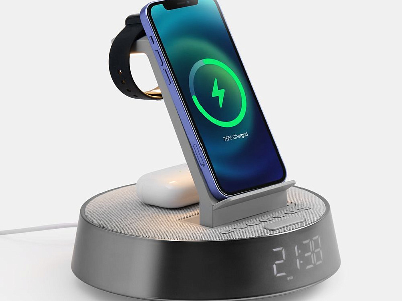 Bluetooth-колонка с беспроводной зарядкой и часами netEnergy, серая