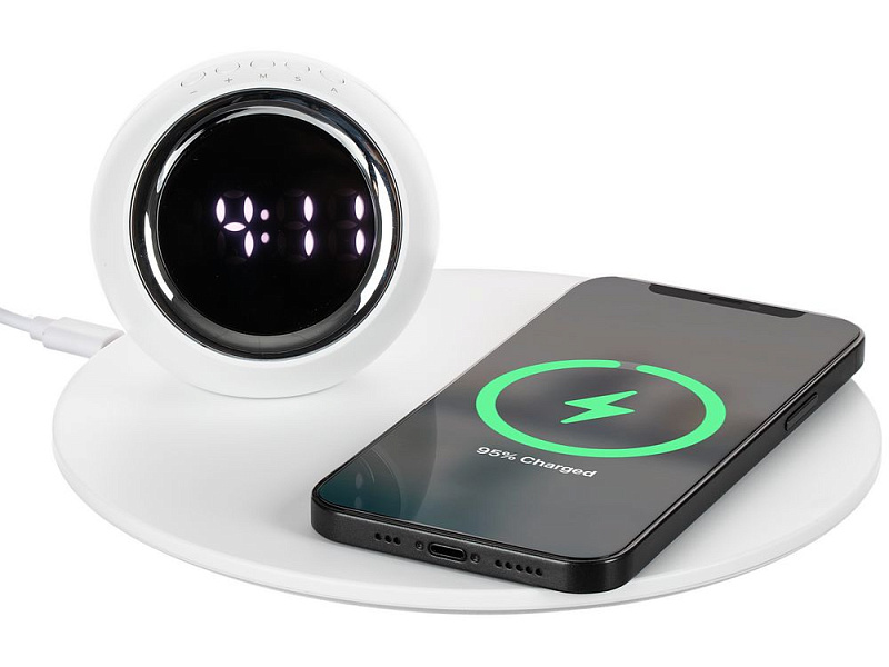 Станция беспроводной зарядки с часами и подсветкой GlobeBee, белая