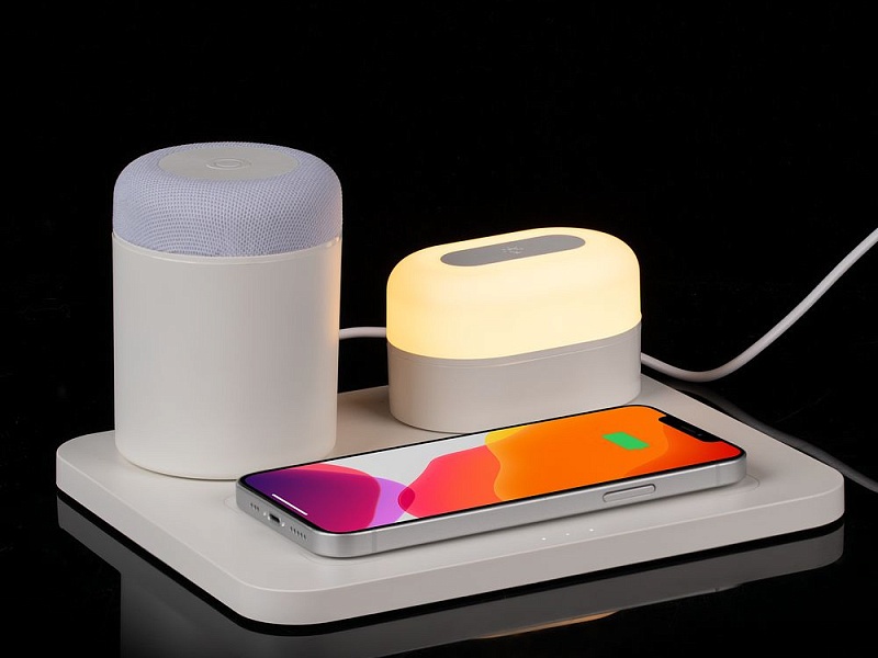 Станция беспроводной зарядки с колонкой и ночником Trilogy, белая