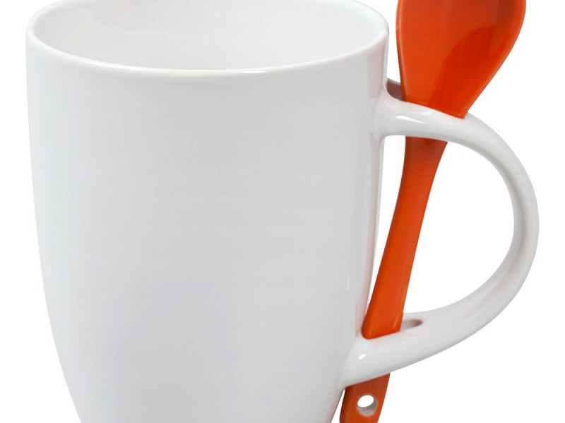 Кружка с ложкой Cheer Up, белая с оранжевой