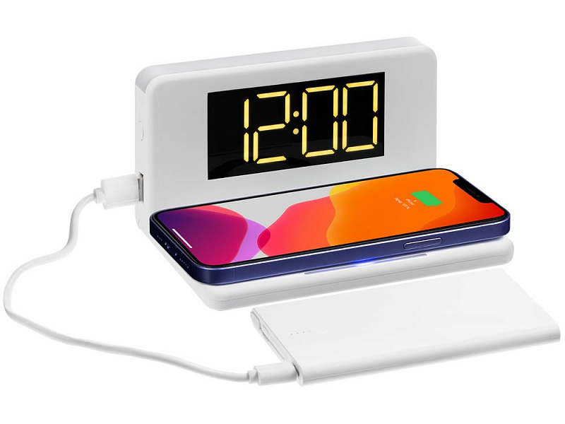 Часы настольные с беспроводным зарядным устройством Pitstop, белые