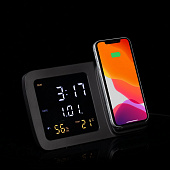 Станция беспроводной зарядки с часами и календарем и подсветкой логотипа Novem, черная