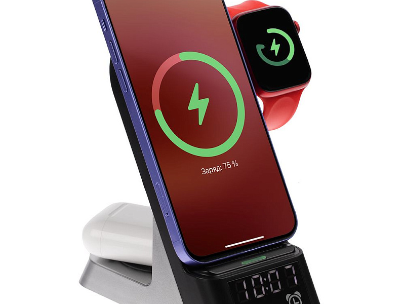 Зарядная станция с часами E-Store для смартфона, часов и наушников, черная